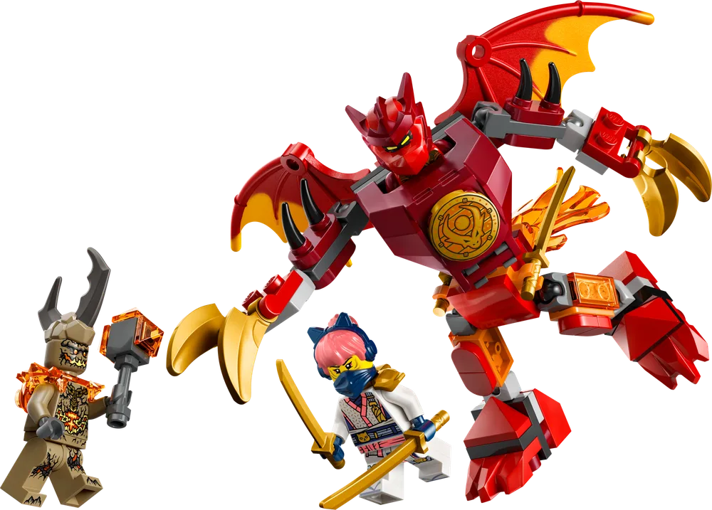 LEGO Ninjago Kai's Dragon Mech in mid-air battle pose with Arin and Wolf Mask Warrior.