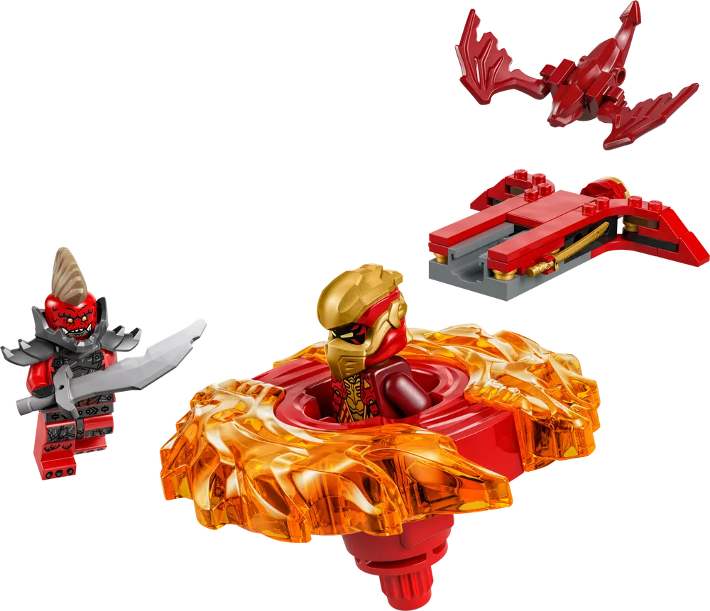 LEGO Ninjago 71823 Kai's Dragon Spinjitzu Spinner set components including Kai minifigure in spinner, Wolf Mask Warrior minifigure, launcher, and dragon power-up.