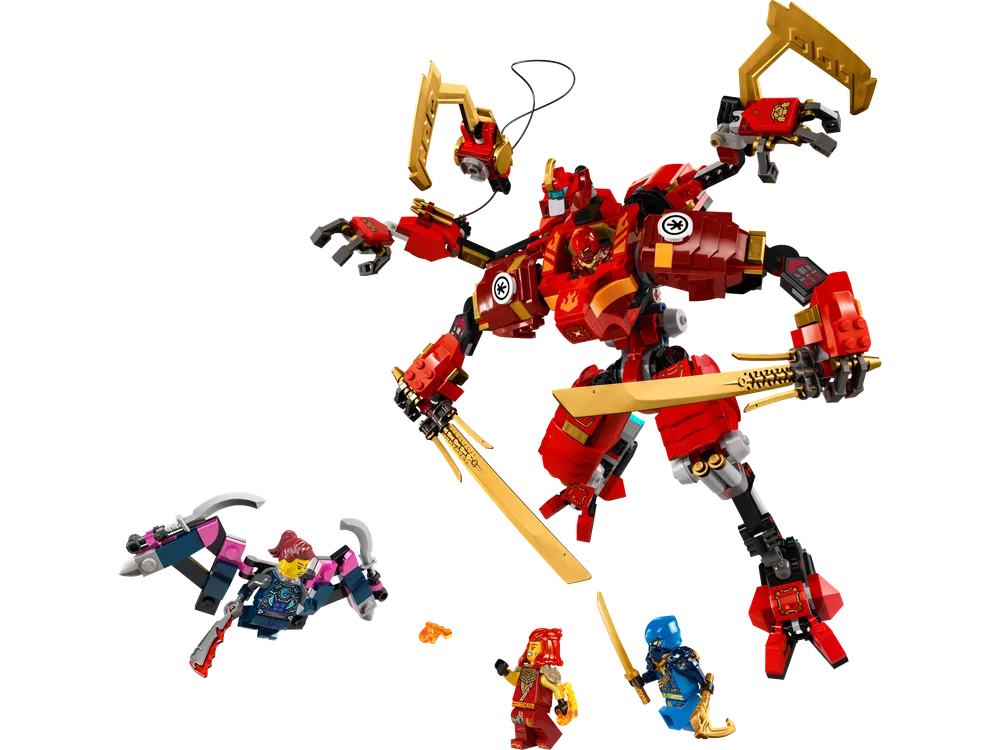 Kai's Ninja Climber Mech with golden swords and grappling hook arms in a dynamic pose, alongside Arin, Nya, and Jordana minifigures.