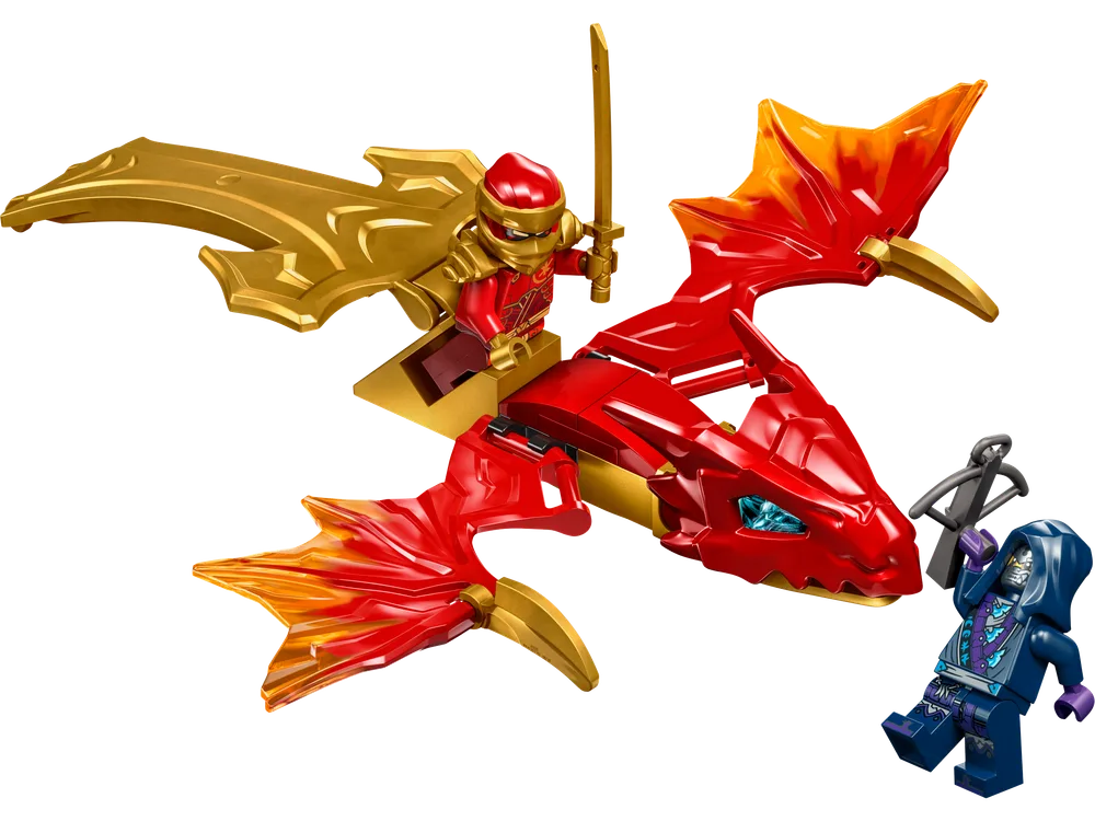 Kai, clad in red and gold, rides his fiery dragon, sword drawn, swooping down towards a menacing Wolf Mask Warrior with a crossbow.