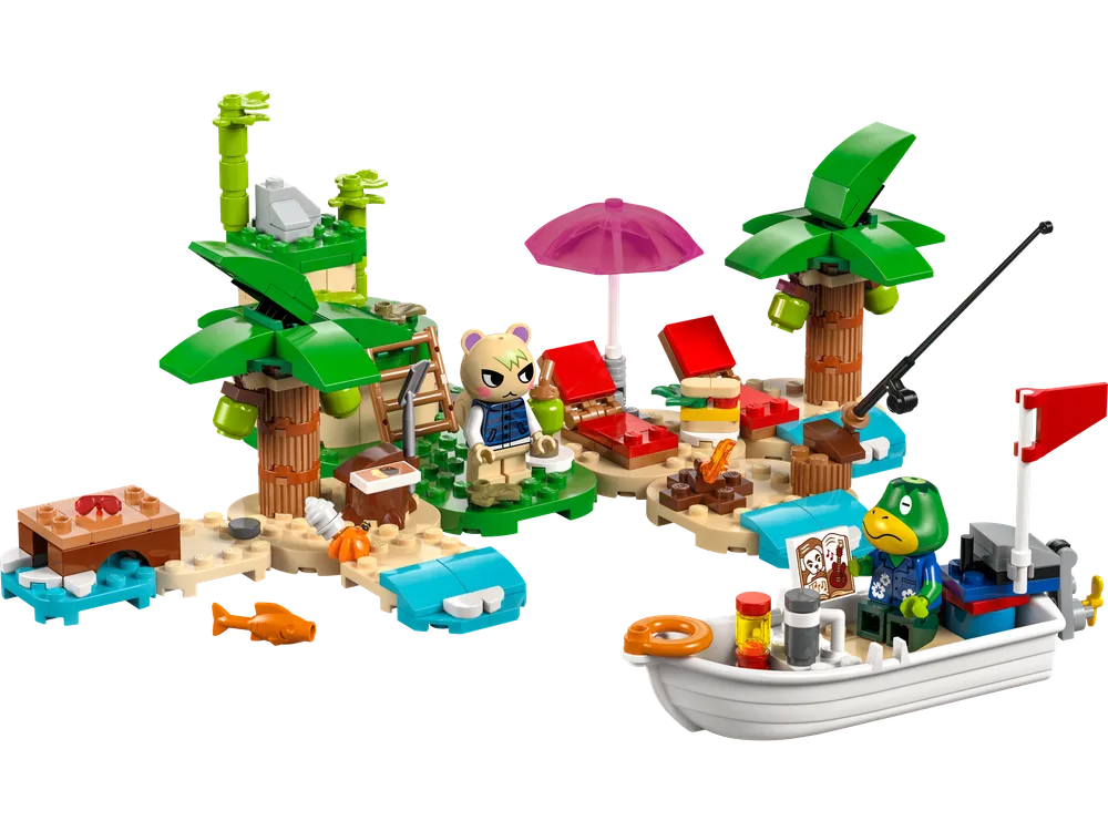 LEGO Animal Crossing Kapp'n's Island Boat Tour set with Kapp'n in his boat and Marshal on a beach island.
