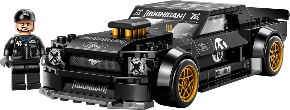 The LEGO Speed Champions 77262 Ken Block's 1965 Ford Mustang Hoonicorn V1 set, showcasing the black muscle car with prominent gold wheels and a detailed Ken Block minifigure, both seen from a front three-quarter view.