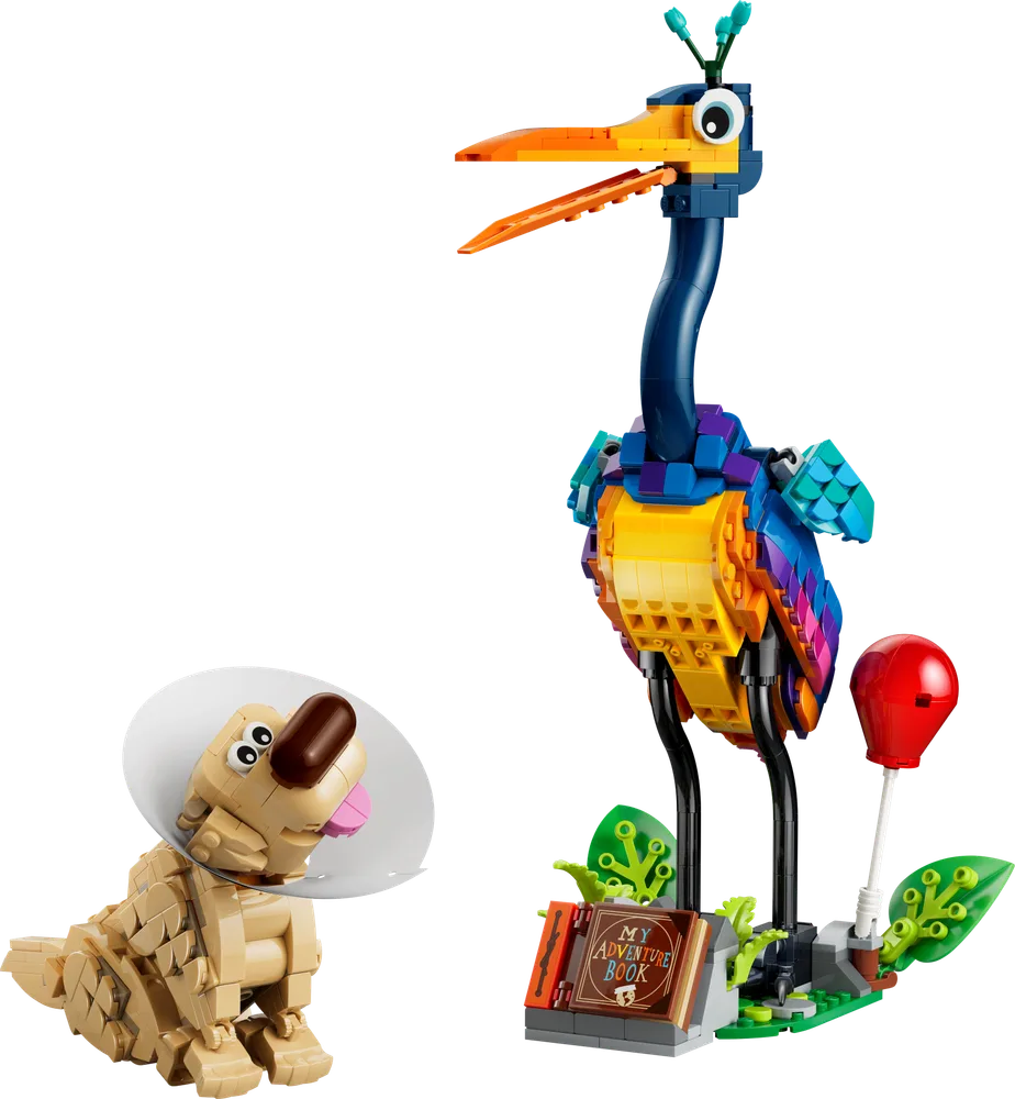 A LEGO build of Kevin, a large, colorful bird, and Dug, a tan dog wearing a cone, from Disney Pixar's Up.