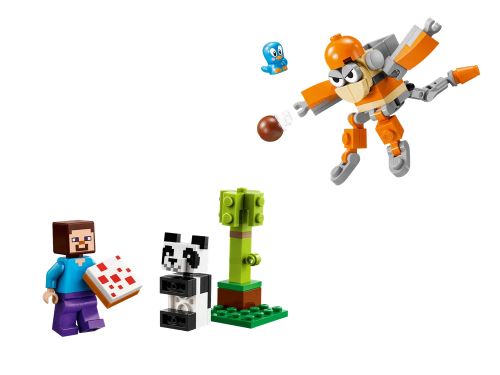 LEGO Kiki mech attacking with a coconut, Steve holding a cake, a baby panda, and bamboo plant against a white background.