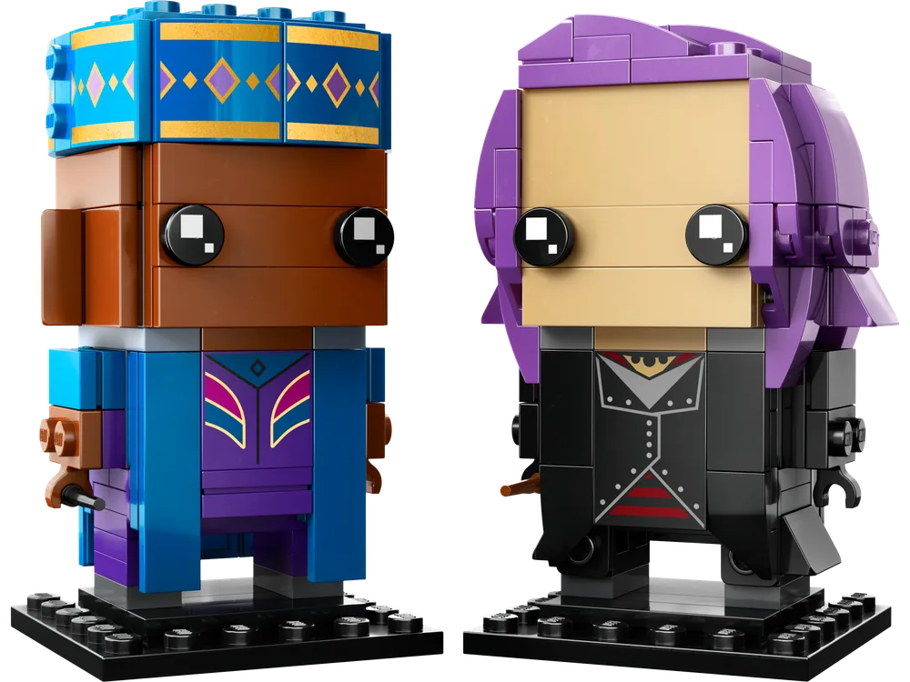Close-up of Kingsley Shacklebolt and Nymphadora Tonks BrickHeadz figures standing side-by-side on black display plates, showcasing their intricate details and construction.