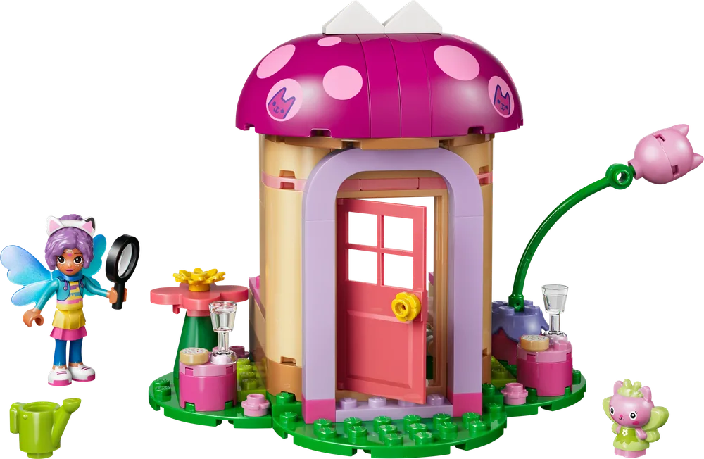 LEGO Gabby's Dollhouse 103-piece set featuring Kitty Fairy's Garden House, with Kitty Fairy and Baby Box minifigures, surrounded by whimsical pink and green elements.