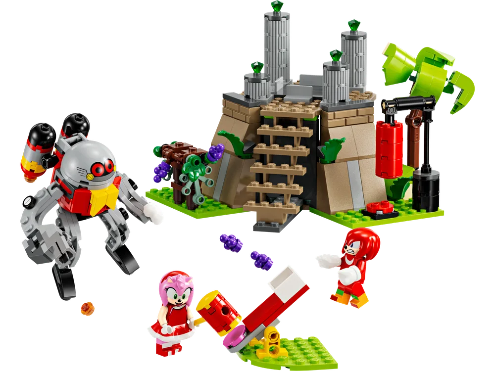 LEGO Sonic the Hedgehog set 76998 featuring Knuckles, Amy, and Dr. Eggman's mech fighting near the Master Emerald Shrine.