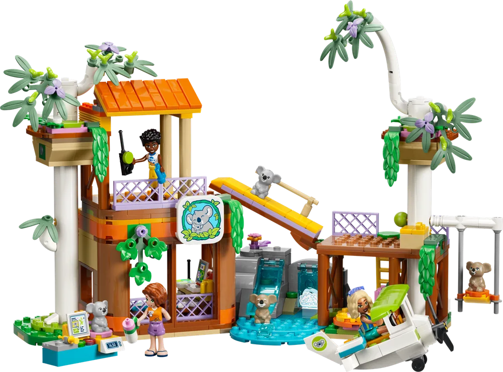 The complete LEGO Friends Koala Habitat and Care Center set with two minifigures and several koalas.