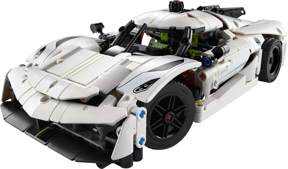 A dynamic front three-quarter view of the white LEGO Technic Koenigsegg Jesko Absolut hypercar model.