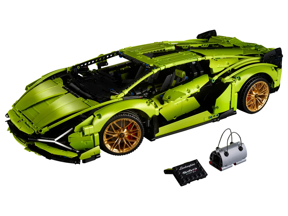 Full view of the LEGO Technic Lamborghini Sián FKP 37 set 42115 in bright lime green, displayed with its V12 engine and a small black luggage bag.