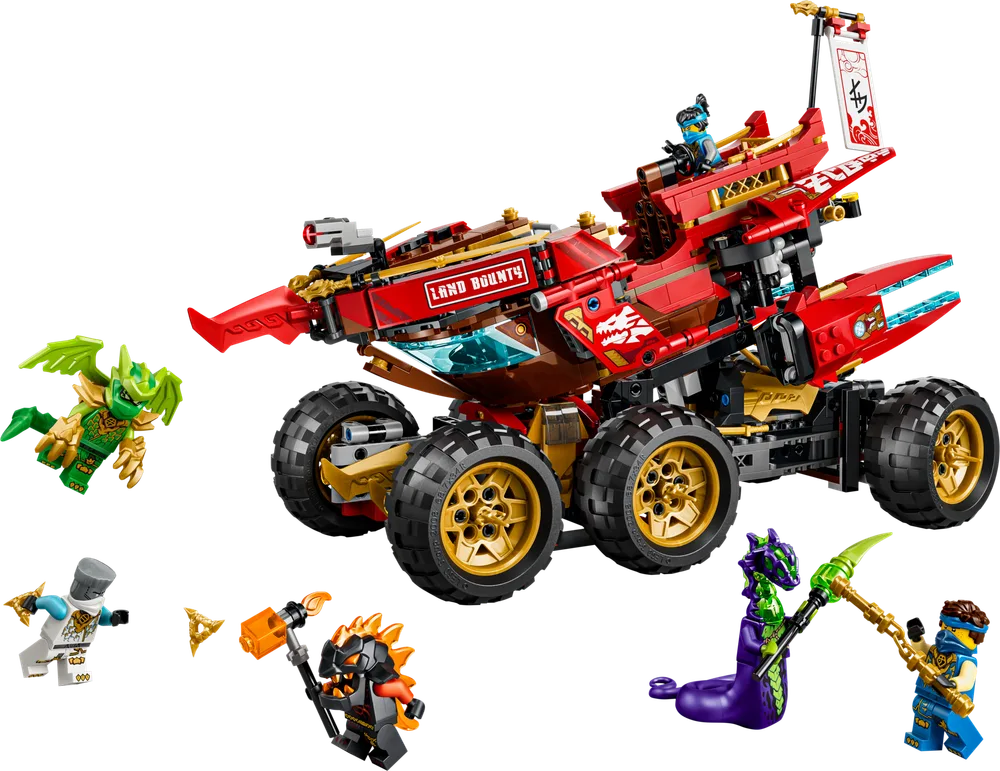 Full view of the LEGO Ninjago Land Bounty vehicle in red and gold, with multiple minifigures and a small green dragon scattered around it.