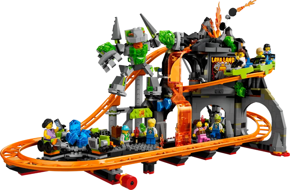 Full view of the LEGO City Lava Land Roller Coaster park with an orange track, a large gray rock monster with green crystals, and several minifigures enjoying the rides.