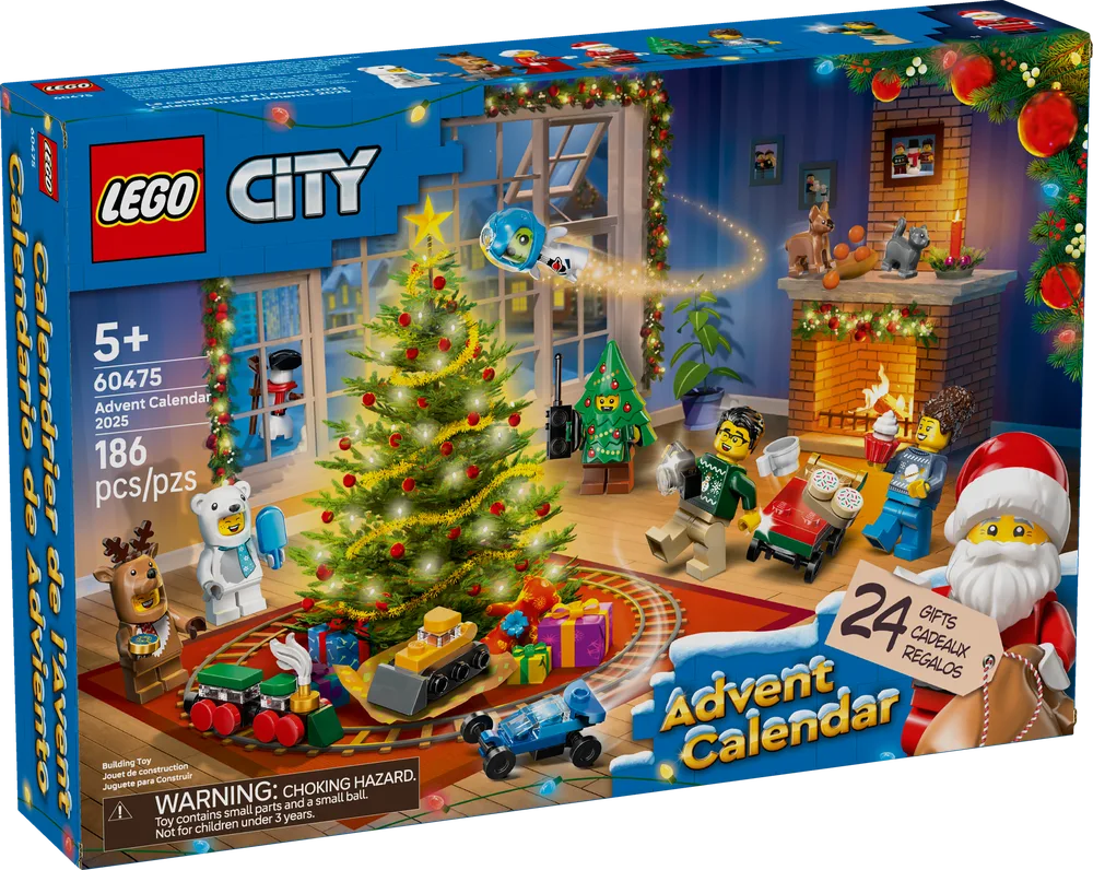 LEGO City Advent Calendar 2025 box art showing a festive living room scene with Santa, minifigures in costumes, a Christmas tree, and various mini-builds like a train, bulldozer, and blue car.