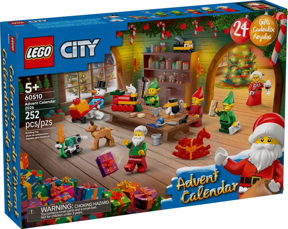 Front of the LEGO City Advent Calendar 2026 box, showing Santa, elves, and various mini-builds in a festive workshop scene.