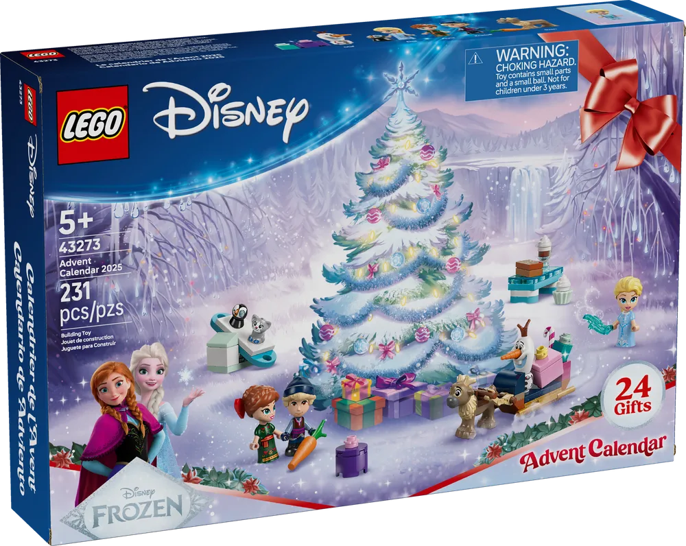 The front of the LEGO Disney Frozen Advent Calendar 2025 box (set 43273), featuring Elsa, Anna, Olaf, Kristoff, and Sven in a snowy festive scene with a Christmas tree, gifts, and various mini-builds.