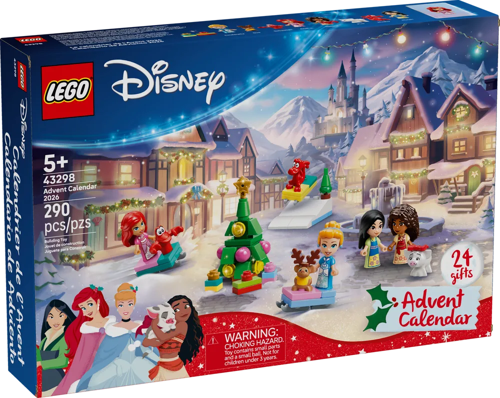 Front of the LEGO Disney Princess Advent Calendar 43298 box, showing a snowy village scene with Disney Princesses and small builds like a Christmas tree and a sleigh.