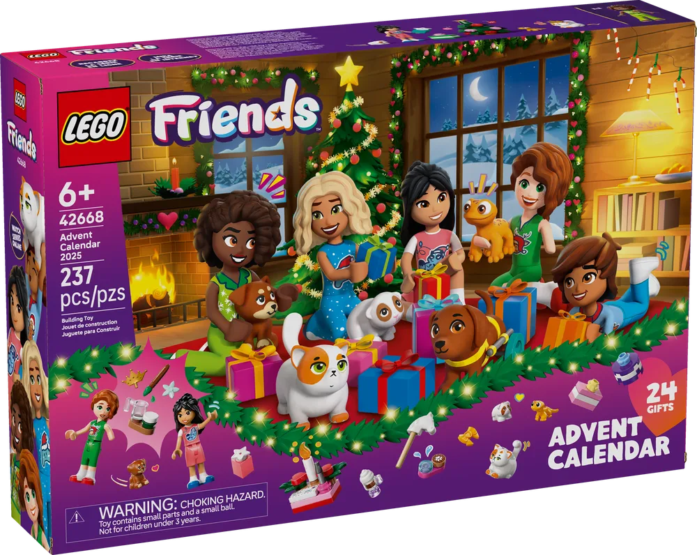 Front view of the LEGO Friends Advent Calendar 2025 box, featuring five Friends characters and four animals celebrating Christmas in a cozy room with a fireplace and Christmas tree. The box shows set number 42668, 237 pieces, and '24 Gifts' for the Advent Calendar.