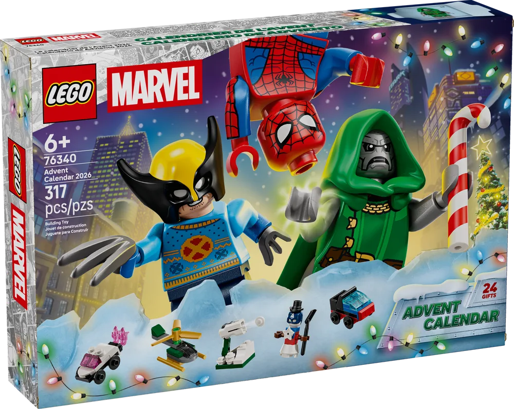 The front of the LEGO Marvel Advent Calendar 2026 box, showing Spider-Man, Wolverine, and Doctor Doom, surrounded by micro-builds and festive lights against a snowy city backdrop.