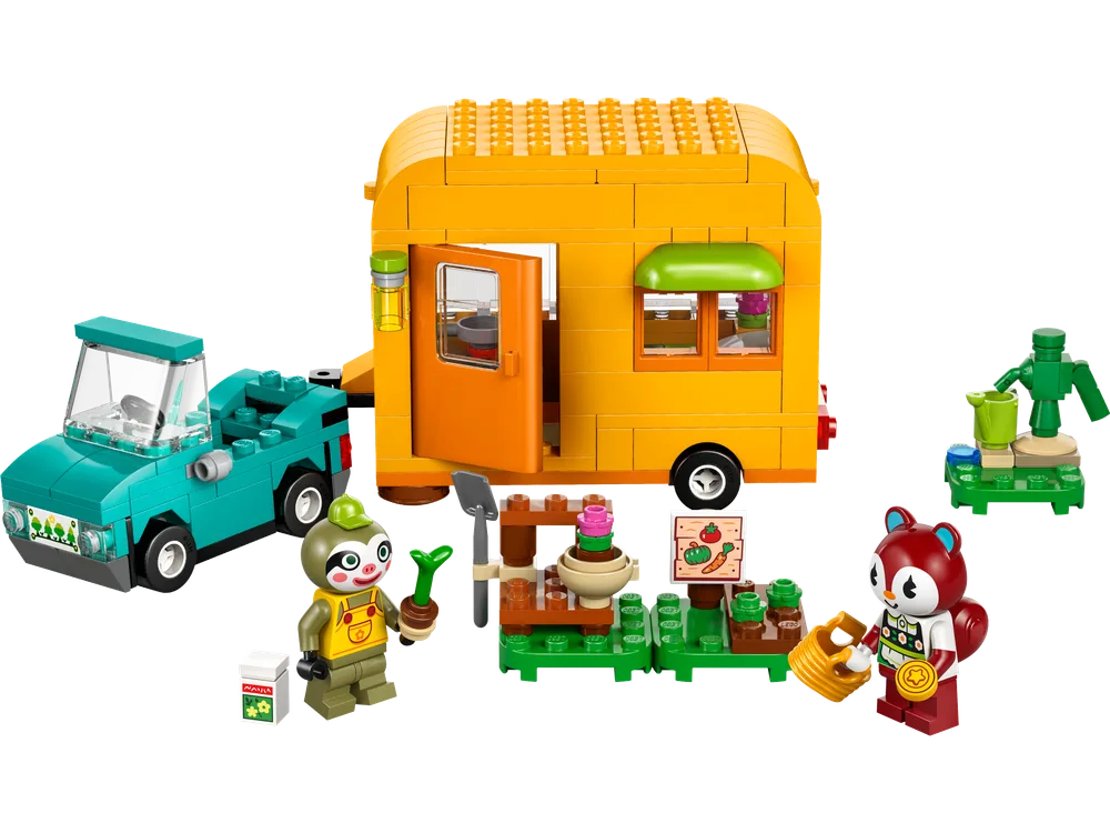 Full LEGO Animal Crossing set 77054: Leif's Caravan & Garden Shop, featuring a yellow caravan, a teal car, Leif the sloth minifigure, a squirrel minifigure, and a garden shop setup.