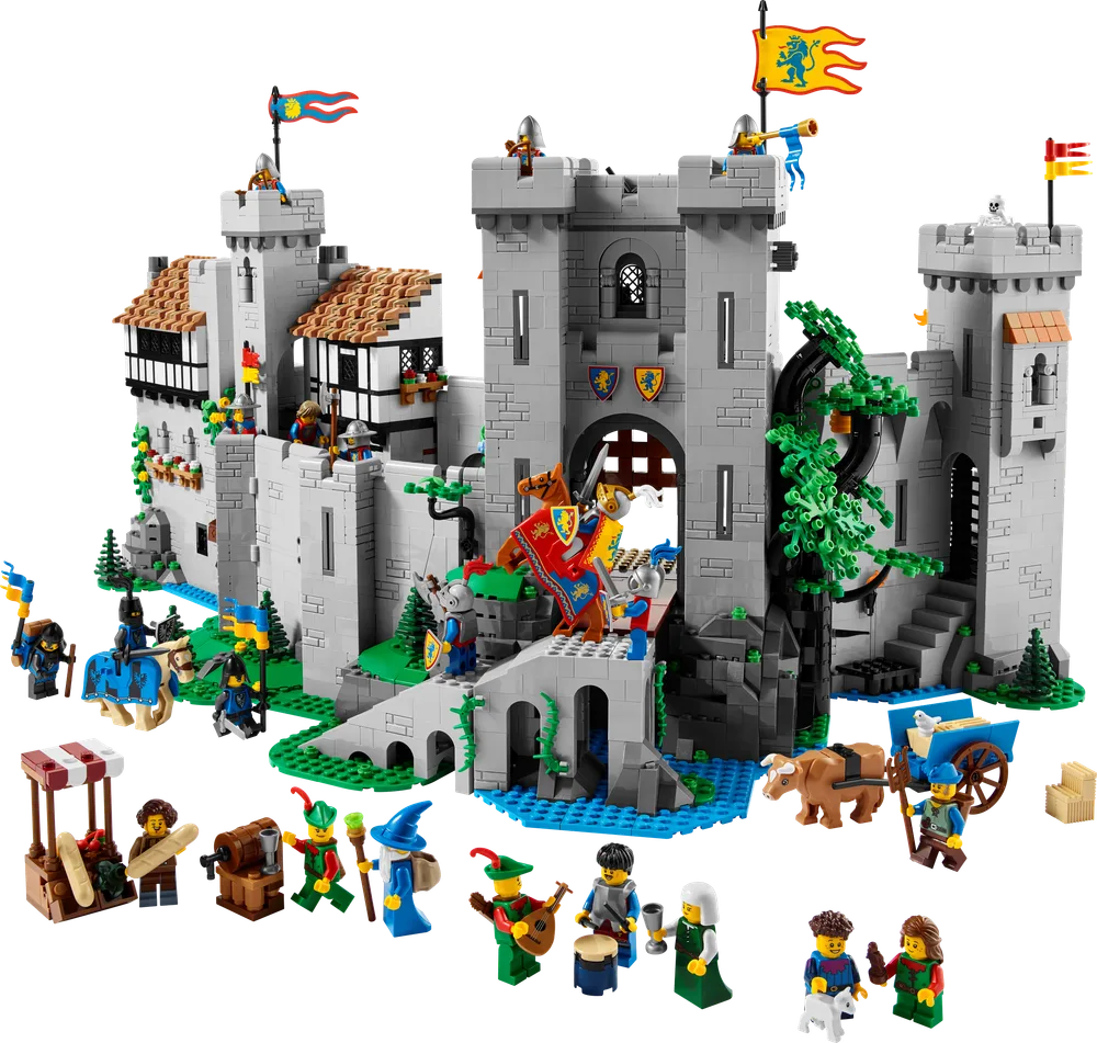 LEGO Lion Knights' Castle set 10305 fully assembled and populated with minifigures and accessories, viewed from the front.