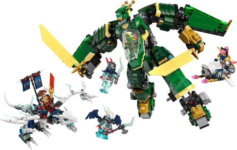 Lloyd's green and gold Jet Mech with Lloyd inside, a white dragon with Arin riding, Sora on a white hovercraft, and three elemental antagonists in a dynamic battle scene.