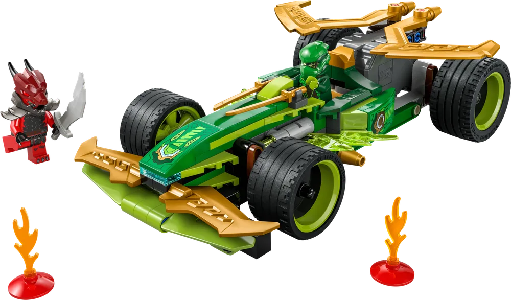 An action shot of Lloyd's green race car with Lloyd minifigure driving, facing off against a red Wolf Mask Warrior minifigure, with two orange flame elements on red baseplates.