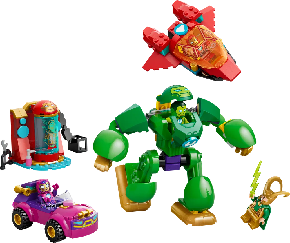 Full lineup of LEGO Marvel Iron Man vs. Hulk mech, Ironheart's car, Iron Man jet, Loki minifigure, and Iron Man's lab station.