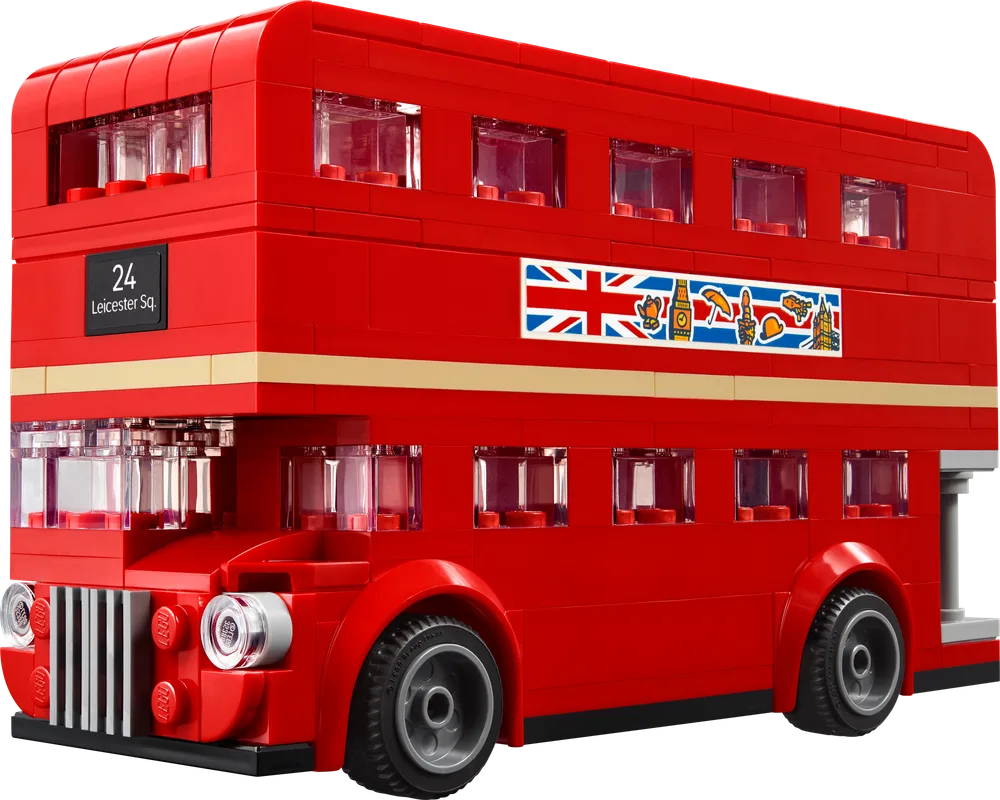 A bright red LEGO double-decker London bus, displaying a Union Jack sticker and route number '24 Leicester Sq.' on its side, viewed from a slight angle.