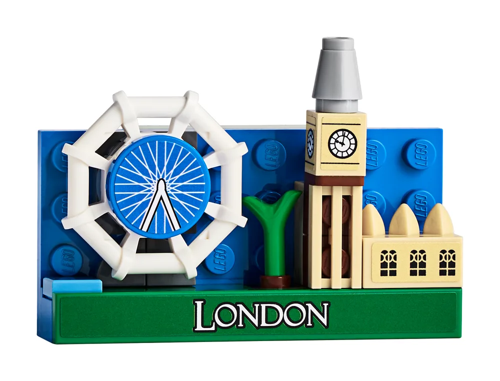 A close-up view of the London Magnet Build, featuring micro-scale representations of the London Eye, Big Ben, and the Houses of Parliament, built on a blue baseplate with 'LONDON' written on a green plate.