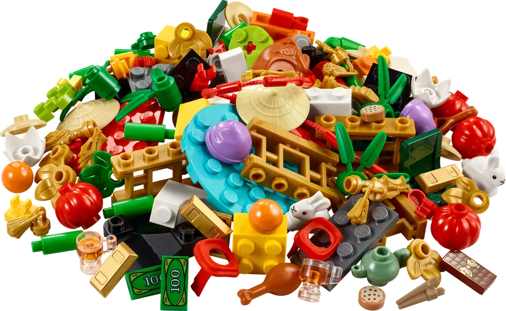 A vibrant pile of 124 diverse LEGO elements from the Lunar New Year VIP Add-On Pack, featuring gold ingots, red lanterns, green dollar bills, white rabbits, a turkey leg, a tea set, and various plates and tiles for festive builds.