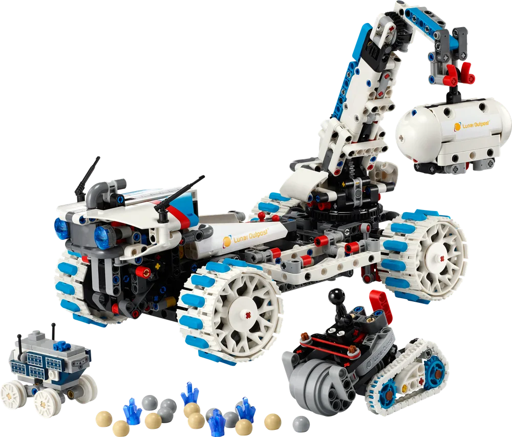 Full LEGO Technic Lunar Outpost set featuring the main rover, a smaller tracked vehicle, a compact probe, and scattered lunar mineral elements.