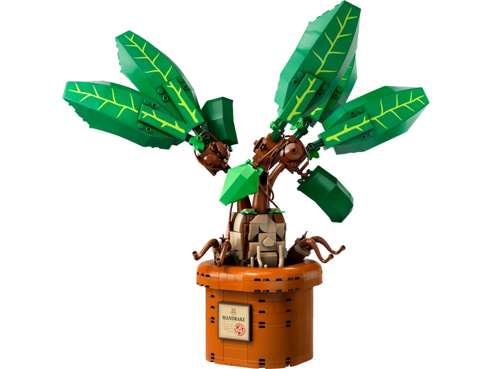A LEGO Mandrake in a brown pot with large green leaves and a screaming root-like creature visible at the base.