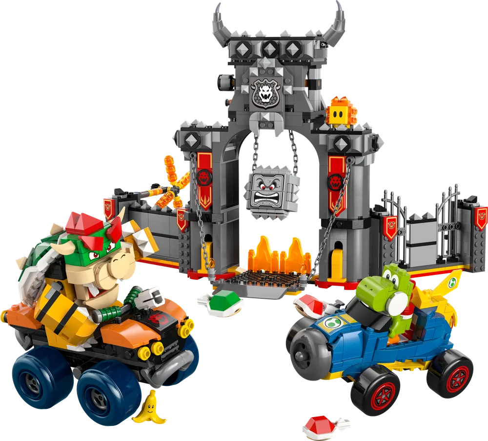 Bowser and Yoshi in their respective karts, racing in front of the formidable LEGO Super Mario Bowser's Castle set.