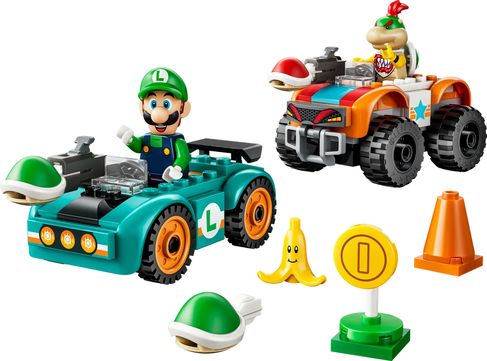 Full set of LEGO Mario Kart 72056 featuring Luigi and Bowser Jr. in their karts, plus a green shell, banana, coin, and traffic cone.