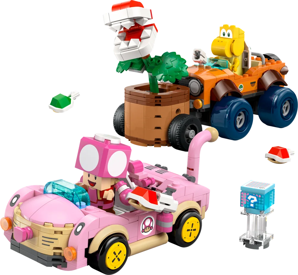 LEGO Super Mario Kart set with Toadette's pink kart and Koopa Troopa's orange kart with a Piranha Plant in a pot, plus a power-up block.
