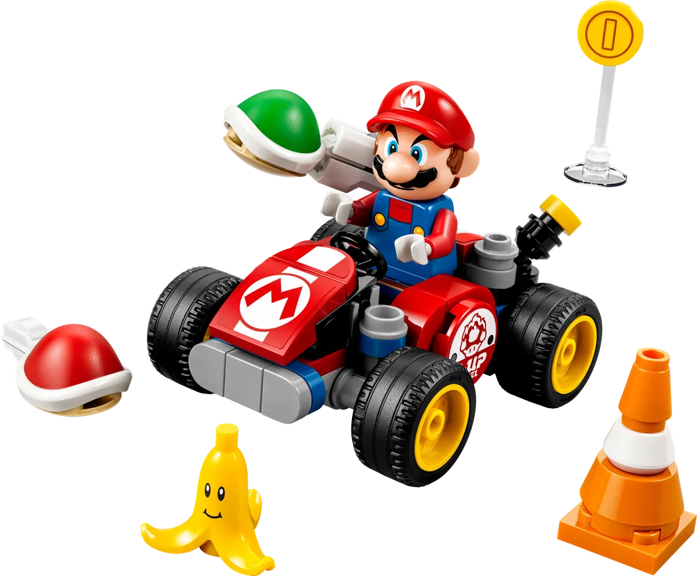 LEGO Super Mario Mario Kart set with Mario, kart, green shell, red shell, banana peel, coin, and traffic cone.