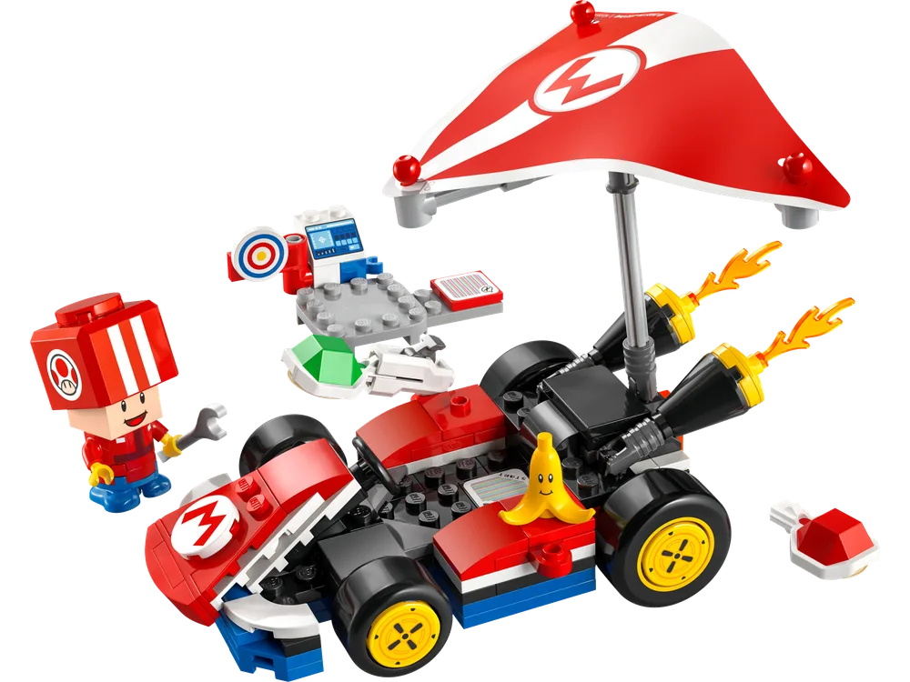Full LEGO Mario Kart set with character, kart, and target accessory on a white background.