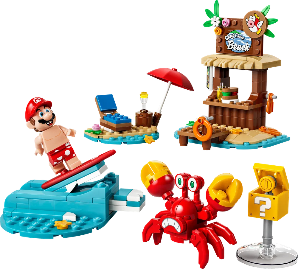 An overview of the LEGO Super Mario Cheep Cheep Beach set, showing Mario surfing, a buildable crab, a beach hut, a lounge chair with umbrella, and a question block power-up.