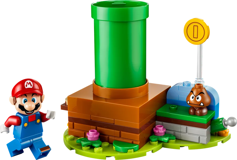LEGO Super Mario Starter Course Expansion Set with Mario figure, warp pipe, Goomba, and coin block.