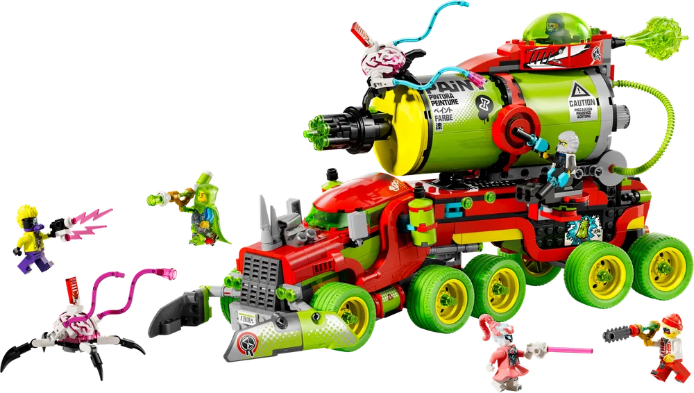 The completed LEGO Dreamzzz 71499 Mateo's Spray Paint Truck is shown with Mateo, Mr. Oz, Z-Blob, Izzie, Logan, and two nightmare creatures engaged in battle.