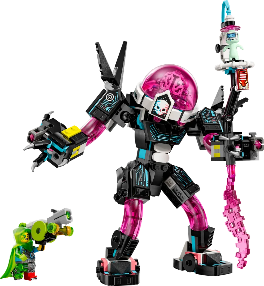 LEGO DREAMZzz 71495 Mateo and Cyber Brain Mech in robot form, ready for battle, against a white background. Mateo stands left, aiming a green blaster at the large black and trans-pink mech, which wields a pixelated energy sword and has a clear pink brain dome.
