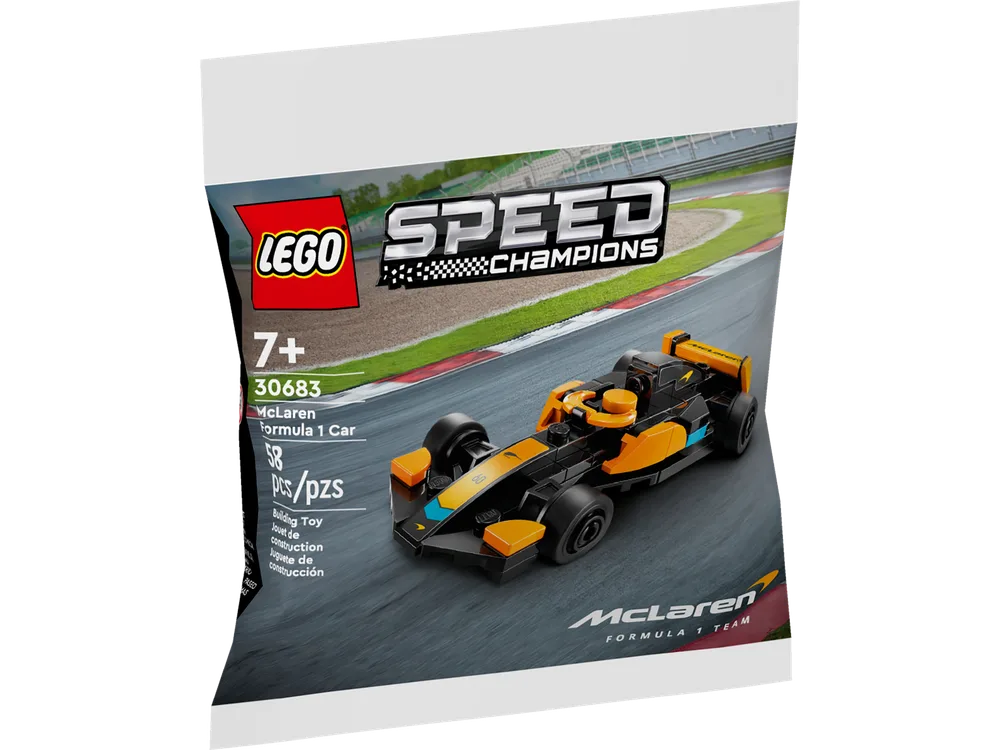 The front of the LEGO Speed Champions McLaren Formula 1 Car polybag, featuring the 58-piece build on a racing track background.
