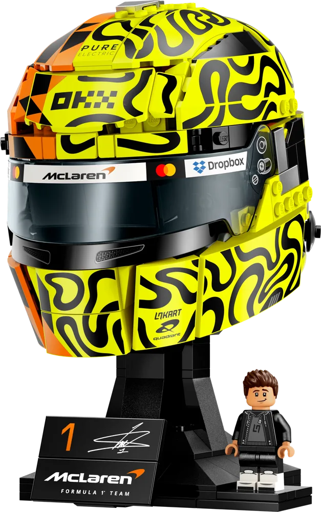 Front view of the LEGO McLaren Lando Norris helmet with minifigure and display stand.