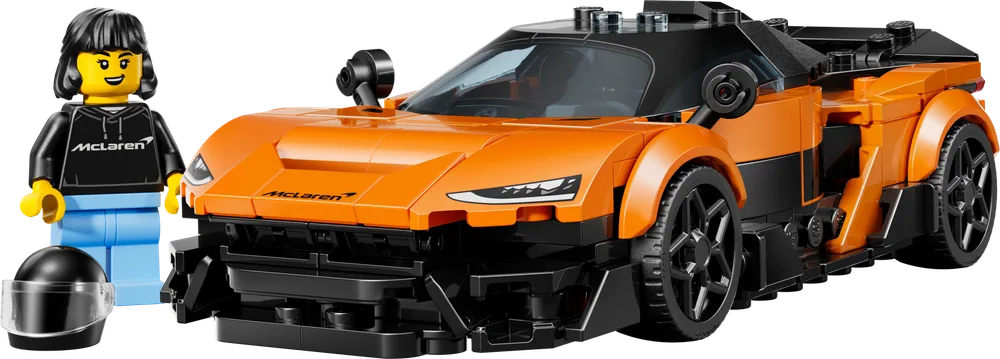LEGO Speed Champions McLaren W1 race car with a minifigure driver and helmet.