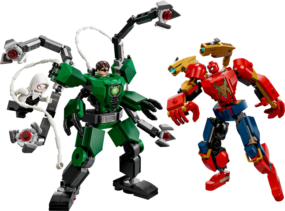 LEGO Marvel Spider-Man vs. Doc Ock mech battle with Ghost-Spider minifigure