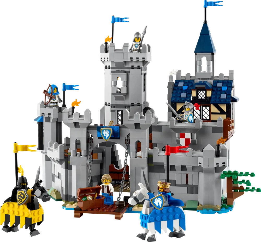 LEGO Creator 31168 Medieval Castle build, front view with drawbridge down, minifigures, and horses.