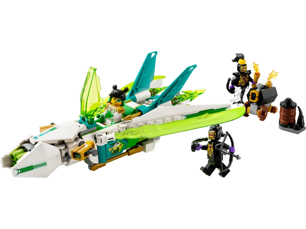 Mei pilots her vibrant white and green Dragon Jet in an aerial battle against a Shadow Demon archer and another Shadow Demon with a torch cart on a white background.