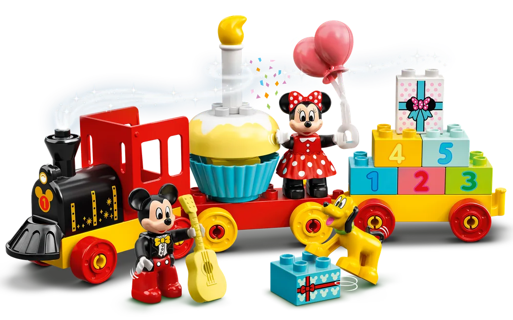 Full LEGO DUPLO Mickey and Minnie Birthday Train set assembled with characters and accessories, ready for a celebration.
