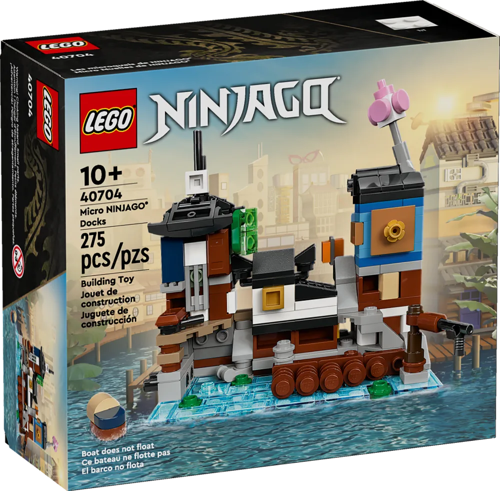 Front view of the LEGO 40704 Micro NINJAGO Docks box, showcasing the compact, detailed model of a dockside building on water.