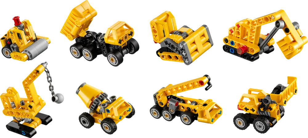 Eight small yellow and black LEGO Technic construction vehicles, including a roller, dump truck, loader, excavator, wrecking ball crane, cement mixer, crane, and pickup truck, are arranged neatly on a white background.